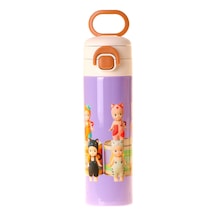Kaukko Kids 520 Ml Cat Life Baskılı Mor - Krem Kız Çocuk Çelik Termos Matara Çift İçim Kilitli Kapak - L5316