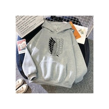 Blackjack Giyim Erkek Gri Attack On Titan Logo Oversize Kapüşonlu Sweatshirt Hoodie Gri
