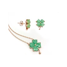 Yeşil Zirkon Taşlı Rose Gold Kaplama Yonca Gümüş Set Gümüş