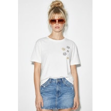 Shade Kadın Pamuk El İşi Çiçek Nakış Detaylı  Tasarım T-shirt 1005 60282050 - Beyaz L
