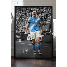 Erling Haaland Siyah Ahşap Çerçeveli Poster, Dekoratif Futbol Duvar Tablosu