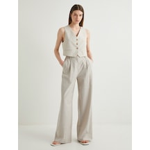 Koton Keten Karışımlı Pantolon Palazzo Bol Paça Cepli Normal Bel Bej Desenli 4sak40407pw Ekru