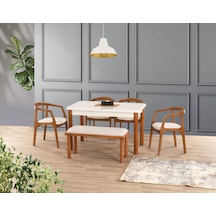 Uyar Beyaz - Ceviz 1 Adet Bohem Bench 4 Adet Zaya Sandalye 160+30