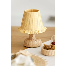 Sarı Pötikare Desen Kumaş Rattan Ayaklı Kablosuz Gece Masa Lambası
