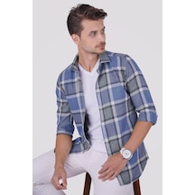 Mavi Gri Kareli Slimfit Oduncu Erkek Gömlek Mavi - Gri