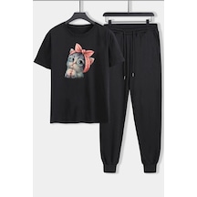 Uyguntarz Unisex Sevimli Kedi Baskılı 2'li Eşofman Takımı Siyah