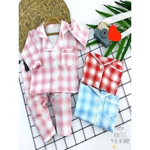 Yenisinial 9-12-18-24 Ay Düğme Kapamalı Ekose Desenli 2li Kız Erkek Bebek Pijama Takımı Pembe Pembe