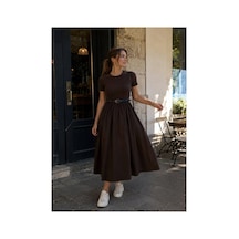 Öners Kadın Kemerli Poplin Midi Elbise Kahverengi Kahverengi