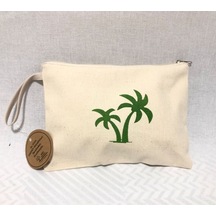 Obidev Tahta Baskı Palmiye Desenli Clutch ,portföy Çanta,makyaj Çantası Krem