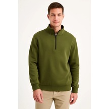 Erkek Dik Yaka Sweatshirt Dik Yaka Yarım Fermuarlı 3 İplik Şardonlu Pamuk Kumaş - Haki