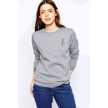 Watercolor Rabbit Baskılı Gri Kadın Sweatshirt