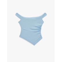 Koton Modal Karışımlı Dantel Detaylı Slim Fit Asimetrik Kolsuz Bluz Mavi 6sal30121ık
