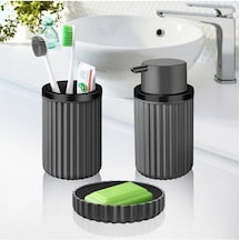 Lines Serisi Gri Banyo Seti, 3 Parça Oval Akrilik Sabunluk Fırçalık ve Sıvı Sabunluk Takımı - 3319