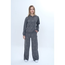 Toontoy Kids Toontoy Kız Çocuk 2'li Takım Taş İşlemeli Kapüşonlu Sweatshirt & Beli Lastikli Bol Paça Cepli Eşofman Altı - 2 İplik Antrasit