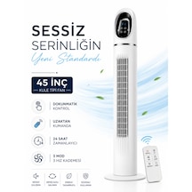 Kule Tipi Vantilatör 45 İnç, Uzaktan Kumandalı, 3 Hız Kademeli, 3 Modlu Normal/doğal/uyku , Salınımlı, Dokunmatik Kontrollü, 24 Saat Zamanlayıcılı, Beyaz