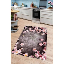 Pembe Kaymaz Taban Yıkanabilir Çiçekli Mutfak Halısı Ar1242n11