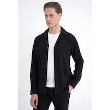 Comfort Fit Apaş Yaka Doku Desenli %100 Pamuk Siyah Gömlek Ceket G 1601
