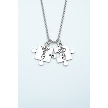 Puzzle - Queen - King - Sevgili Örme Zincir Kolye Gümüş