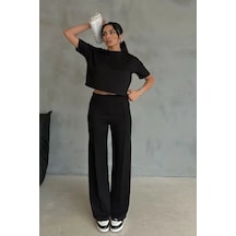 Modal Kumaş Yüksek Bel Pantolon Crop & Pantolon Takım Siyah
