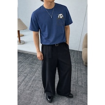 Panda Baskılı Unisex Basic Tişört Rahat Kesim Günlük Stil Lacivert