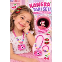 Kız Çocuk Pembe Fotoğraf Makinalı Kolye Bileklik Ve Kiraz Toka Seti