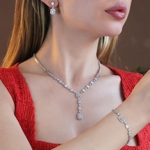 Baget Taşlı Sarkıt Gümüş Set Gümüş