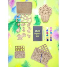 Ev-okul Etkinliği Ahşap Puzzle 4'lü Boyama Seti, 12 Renk Boya Ve