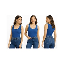 İngegno Body Geniş Bisiklet Yaka Sıfır Kol Viskon Örme Ring Kumaş Body Kadın Mavi