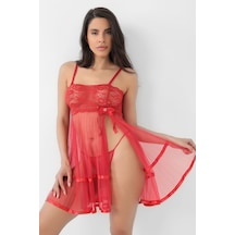 Kırmızı Şifon Pileli Gecelik-835 Çok Renkli