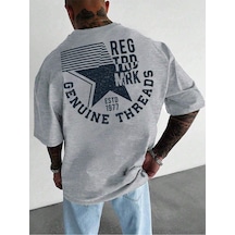 Genuıne Threads Oversize Gri Baskılı T-shirt - Bisiklet Yaka Kısa Kol Rahat Kalıp Tişört Gri