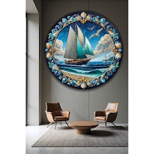 Mozaik Desenli Yelkenli Gemi Deniz Temalı Yuvarlak Temperli Cam Tablo Lüks Gold Detaylı Duvar Dekoru Deniz Temalı Dekoratif Duvar Tablosu, Salon, Ofis Ve Yazlık Dekoru, 80x80 Cm