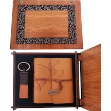 Ahşap Kutulu Taba Renk Deri Defter Anahtarlık Set