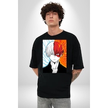 My Hero Academia Boku Anime Pamuklu Bisiklet Yaka Unisex Oversize Boyfriend Dijital Baskılı Siyah T-shirt Siyah