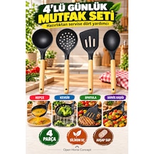 4 Lü Ahşap Saplı Siyah Silikon Mutfak Seti 31cm Kepçe Kevgir Spatula Servis Kaşığı Pişirme Ve Servis