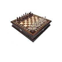 Özel - 396 - Tasarım El İşi Yuvarlak Satranç Tahtası Ve Metal Satranç Taşları Mcyv28 - Bakır-gümüş, - Muratech - Kahve Ta