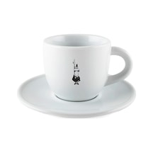 - Moka Kahve Fincanı Ve Tabağı - 80ml - İkonik Bıyıklı Adam Desenli - Porselen Beyaz