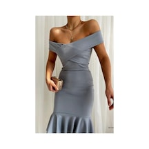 Store Krep Volanlı Yaka Madonna Elbise Kumaş Abiye Gri - 935903145 Gri