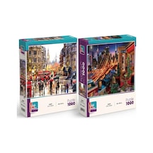 Londra Aslanı Ve Işıklar Altında İkili Set - 2 X 1000 Parça Manzara İkili Puzzle Seti