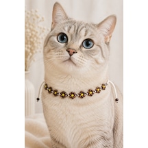 Yapımı Boncuklu Kedi Boyun Aksesuarı Kahverengi Çiçekli Sarı Boncuklu Beyaz Bağcıklı Kedi Tasması