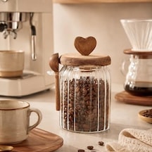 Ahşap Kapaklı Cam Kavanoz 570 Ml Kaşıklı Hava Geçirmez Baharatlık Çay Kahve Şeker Saklama Kabı 7009