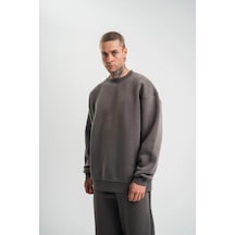Barlashive Erkek Uzun Kol Bisiklet Yaka 3 İplik Pamuklu Kışlık Sweatshirt - Füme Çok Renkli