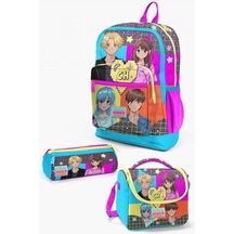 Coral High Kids Gri Mavi Pembe Anime Desenli 3'lü Okul Çanta Seti - Kız Çocuk Çok Renkli