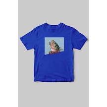 Fishing Balıkçıklık, Deniz Balık Avcılığı Regular Fit %100 Pamuk Bisiklet Yaka Hunter Mavi T-shirt Saks Mavi