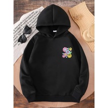 Kışlık Kapüşonlu Sweatshirt, Çocuk Yanda Çiçekler Gülücükler Baskılı SiYAH