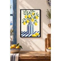 Limonlu Mavi Çizgili Vazo Desenli Dekoratif Mdf Tablo, Çerçeve Görünümlü Ahşap Poster