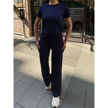 WeShaya Lacivert Polyester Keten Palazzo Takım Lacivert