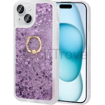 Apple Uyumlu iPhone 15 Plus Kılıf Simli Sıvılı Tasarım Kamera Koruma Çıkıntılı Yüzüklü Şık Kapak