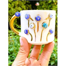 24 Ayar Altın Detaylı Nazar Mug Hayat Ağacı Kabartmalı El Yapımı Sağ Evil Eye 200 Ml Nha Beyaz - Çok Renkli
