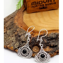 Oniks Taşlı Damla Model Oksitli Telkari Gümüş Kadın Küpe 201024198 Gümüş