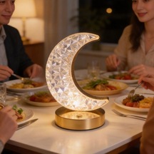 By Nevser Hilal Ay Model Kristal Led Masa Lambası Dokunmatik, 3 Renk Işık Modlu, Şarjlı Mini Dekoratif Gece Lambası Açık Bej